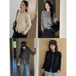 버** 체크소매 가디건