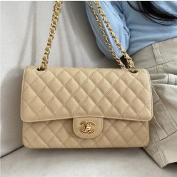 샤* 클래식 미디움 플랩백 그레인드 카프스킨  골드 메탈 베이지 풀박스 고급