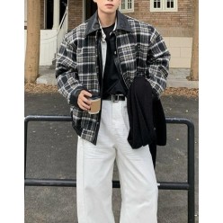 버** 레더 카라 체크 자켓