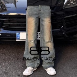 발**** 컷팅 워싱 와이드 데님 팬츠