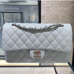 샤* 클래식 미디움 플랩백 캐비어 그레인드 카프스킨 실버 메탈 라이트블루 풀박스 고급