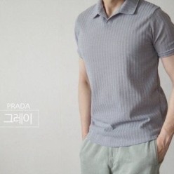 프** 레드라인 노버튼 카라 니트 반팔
